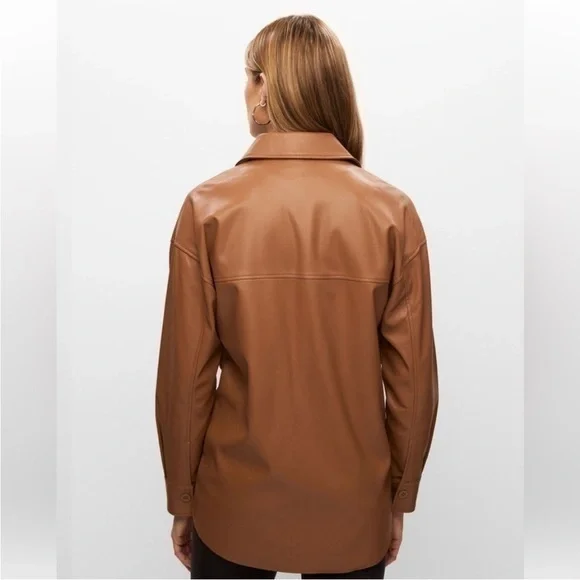 New Joseph Ribkoff | Tan Beige Button Down Vegan Leather Faux Leather Overshirt - Picture 3 of 9